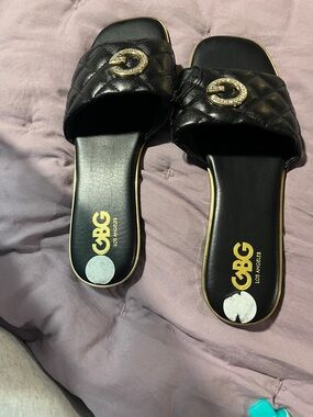 GBG Los Angeles Black Quilted Slide Sandals with Gold Accent